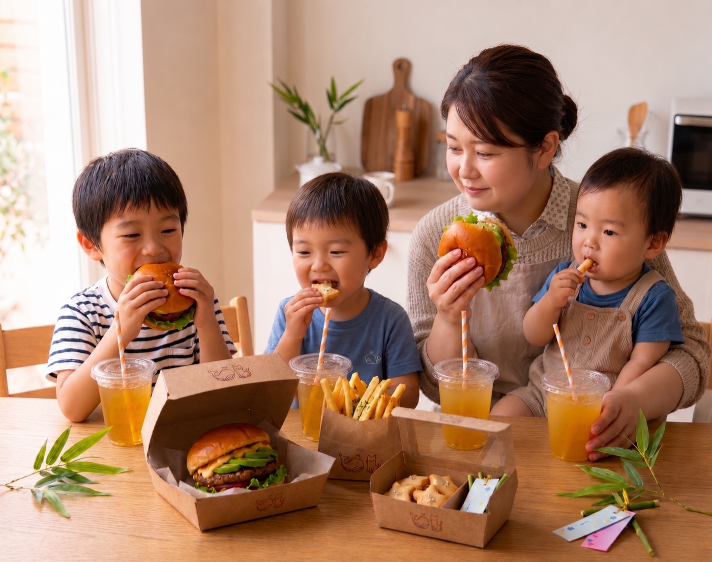 ハンバーガーを頬張って笑顔になる親子